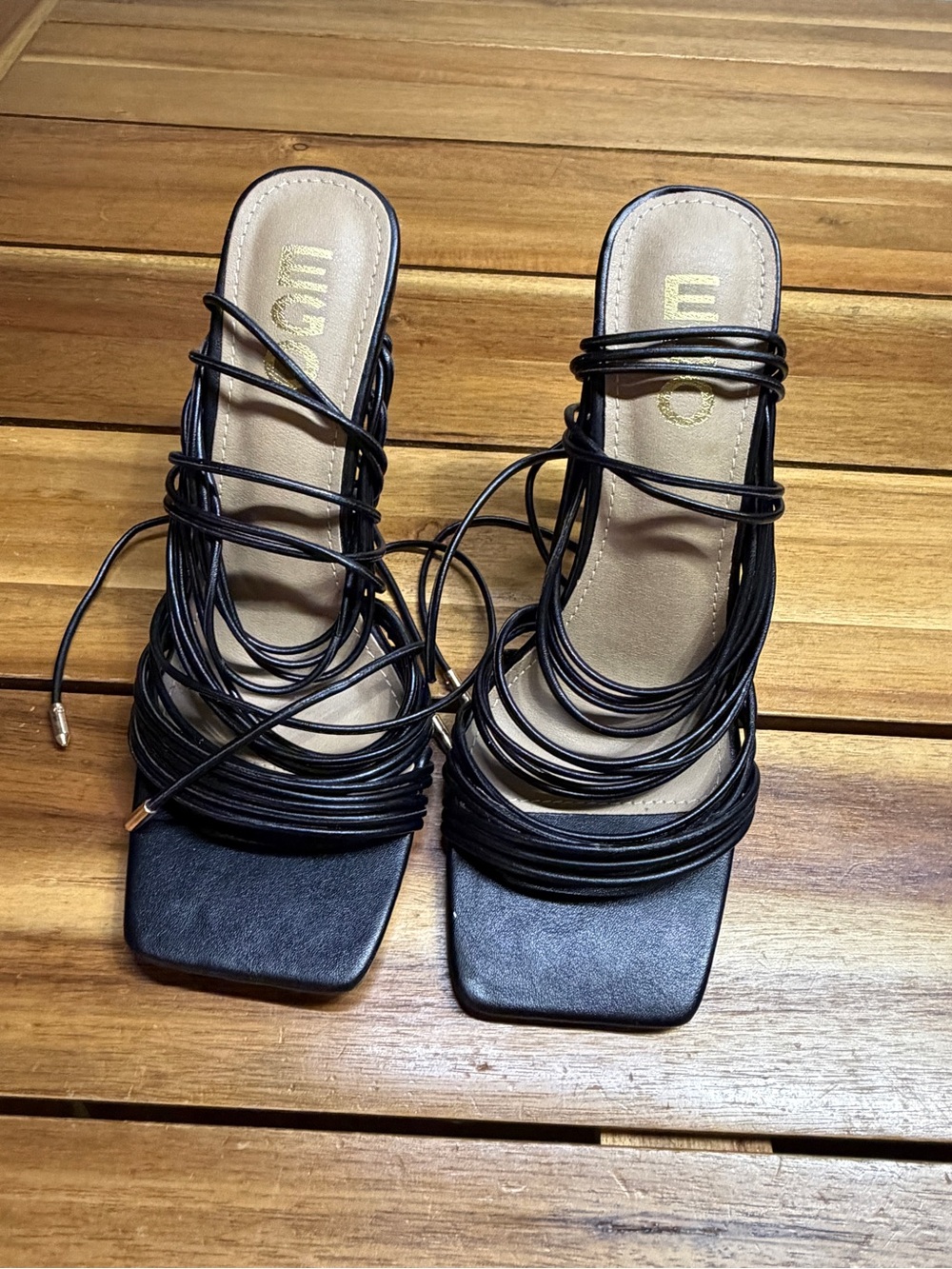 EGO Black Strappy Lace-Up Square-Toe Heels